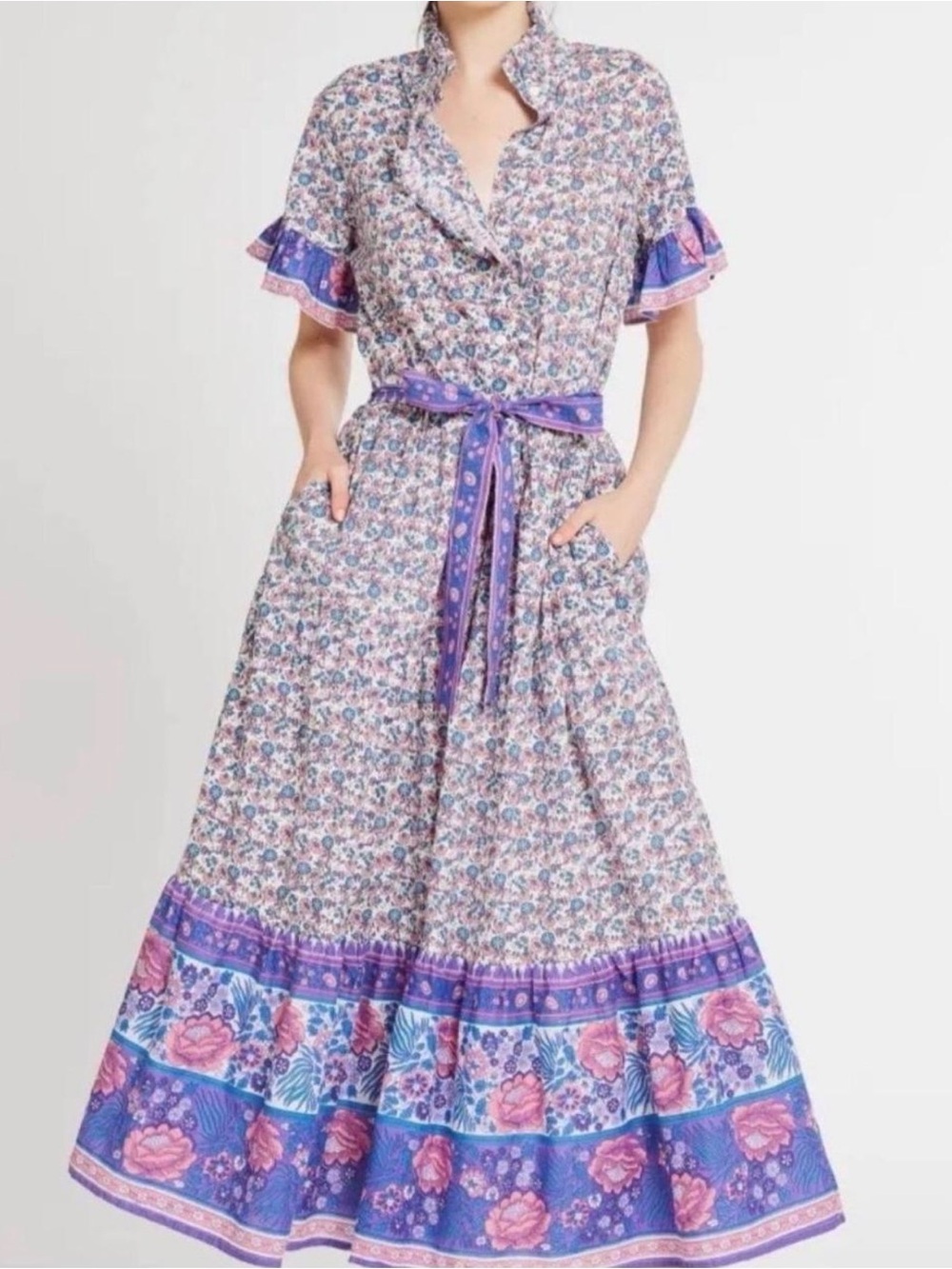 MILLE Victoria Dress in Bluebell Purple Floral Maxi Shirt Dress with Tie Waist